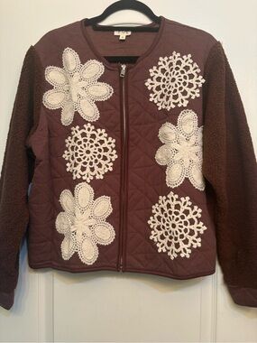 NIB POL Brown Floral Crochet Appliqué Bomber Jacket SMALL